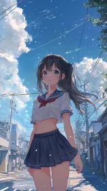 Summer-lit schoolgirl strolling under towering cloudscapes.
