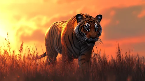 Sunlit Bengal tiger in tall grass with cinematic rim lighting