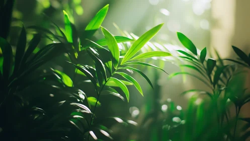 Sunlit indoor palms whisper in soft emerald morning glow.