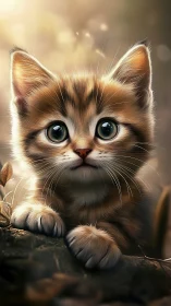 Tabby Kitten Portrait with Luminous Eyes and Soft Bokeh.