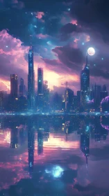 Neon dusk skyline dreaming in mirrored celestial waters.