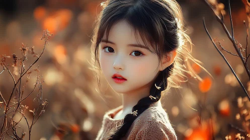 Digital painting portrait in autumnal bokeh field setting.