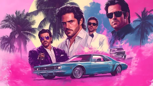 Retro city crime crew with teal sports car and neon fog.