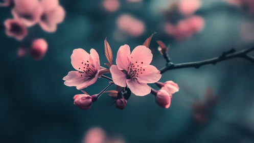 Delicate Cherry Blossoms Against Teal Bokeh Backdrop.