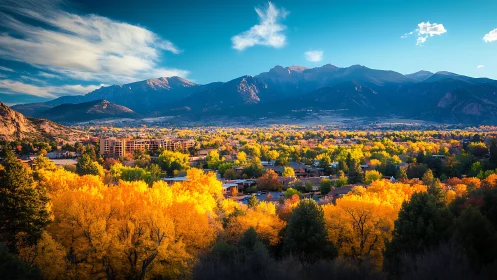 Mountain town skyline framed by vivid autumn forest.
