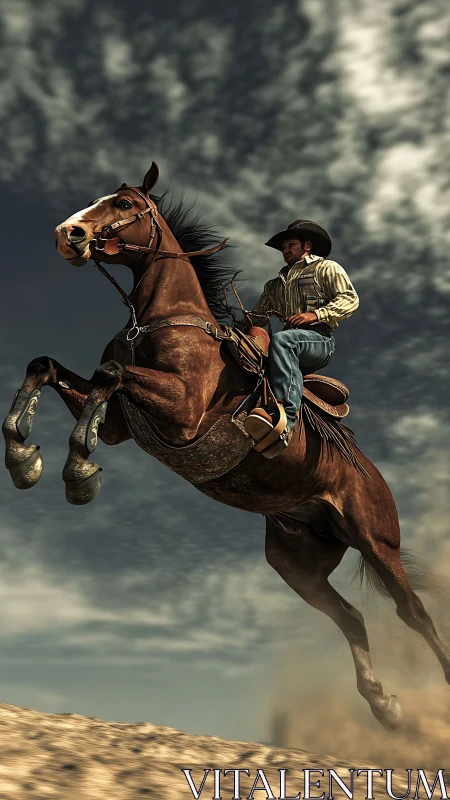 Cowboy rides rearing horse across dusty open terrain.
