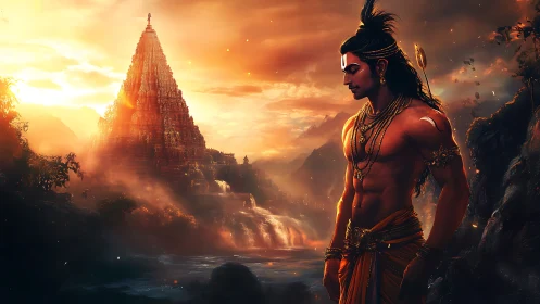Sunlit warrior deity overlooking stepped temple and cascading river