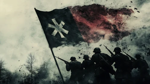 Storm-torn war banner billows above charging shadowed troops.