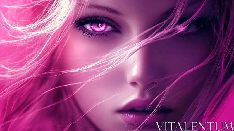 Close digital portrait of woman with vivid magenta lighting.
