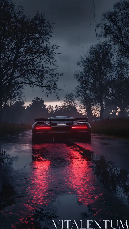 Supercar taillights reflected on wet rural road at dusk.
