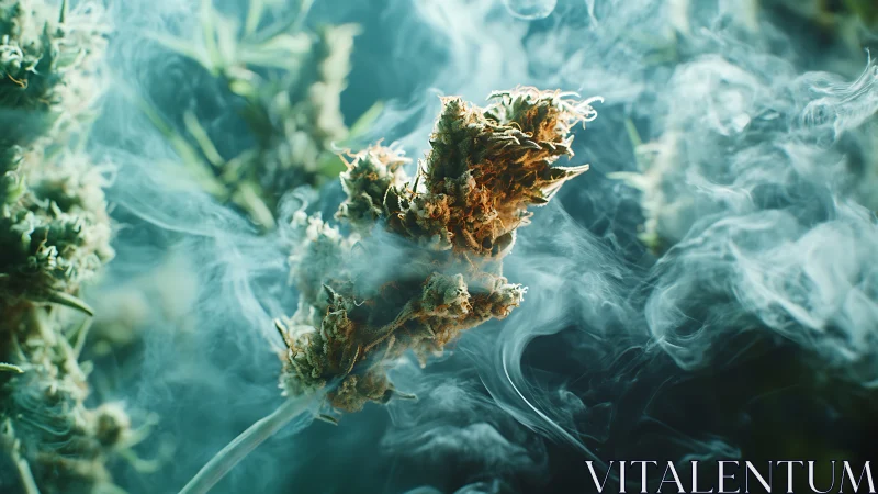 Macro cannabis cola in dense swirling smoke, teal backlight