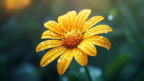 Golden daisy glistens with morning dew in soft garden light