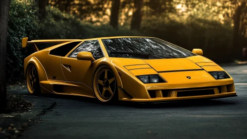 Yellow supercar parked on forest road at golden hour.