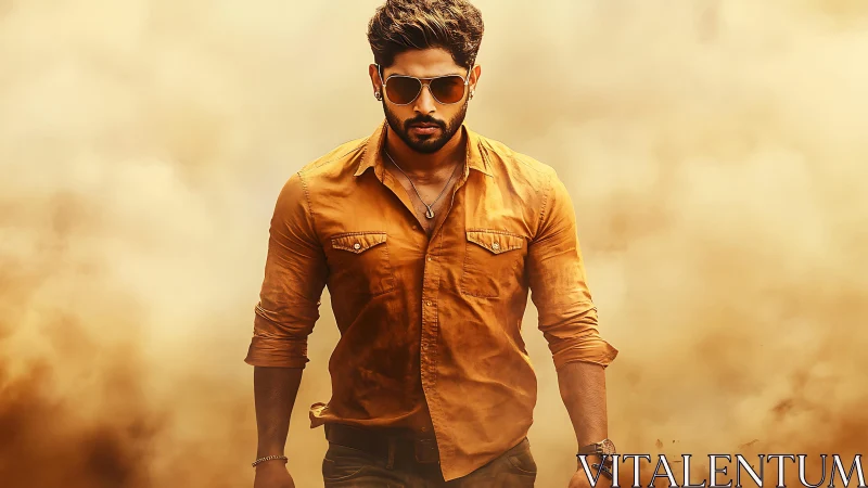 Man in mustard shirt walks forward through dense dust cloud