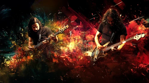 Electric guitar duo surrounded by fiery abstract colors.