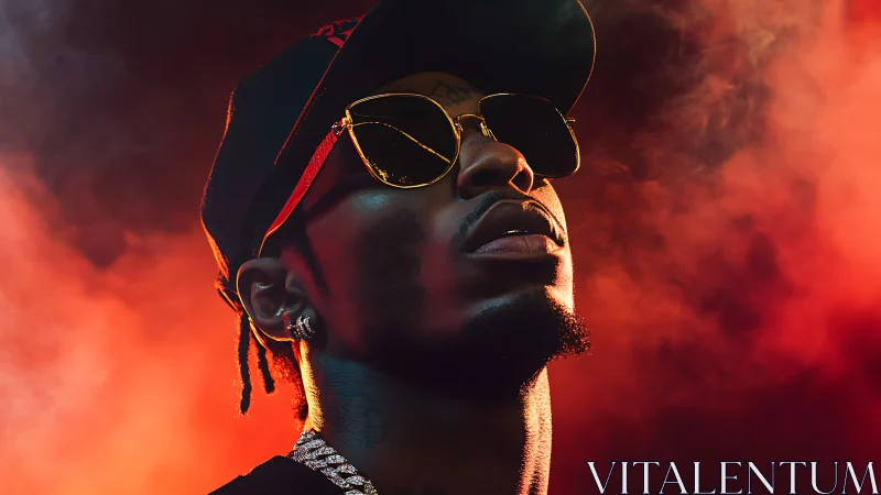 Photorealistic hip-hop portrait in cinematic red backlight.