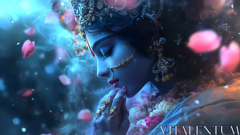 Luminescent divine profile in floral vapor illumination.