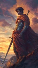 Armored sentinel on cliff edge under luminant storm sky.