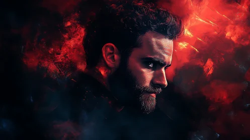 Brooding ember-lit warrior carved from smoke and shadow.