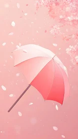 Pink umbrella drifts through soft cherry blossom petals.