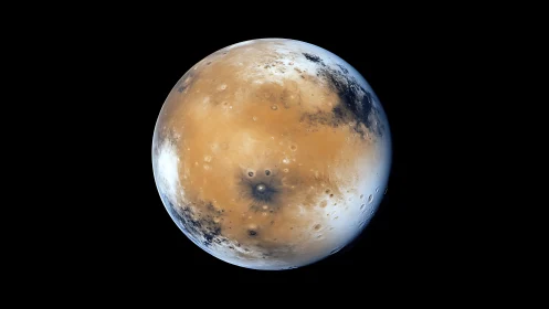 Photorealistic Mars planetary portrait with cratered basaltic terrains.