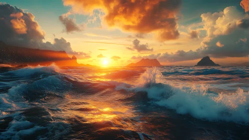 Sunlit waves roll beneath blazing clouds at sea horizon.