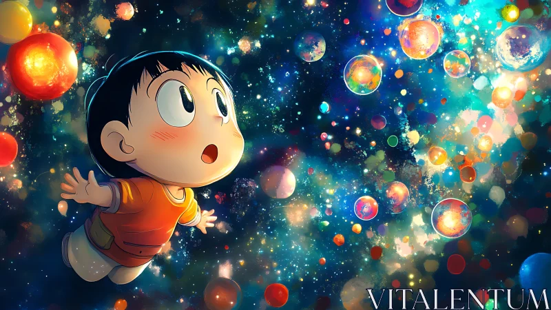 Child explorer drifting through chromatic cosmic bubble field.