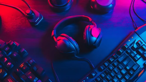 Gaming headset glows between RGB keyboards in neon light.