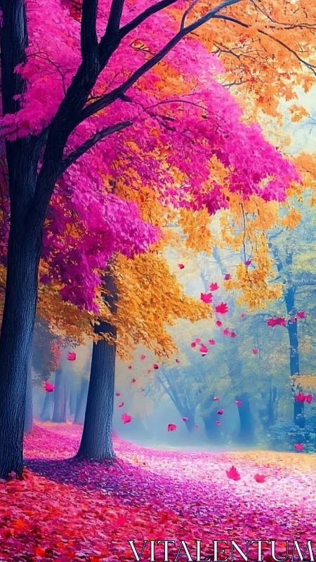 Color saturated forest path with bright autumn foliage.