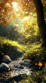 Autumnal riparian corridor with volumetric backlit foliage stream.