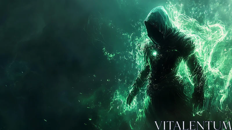 Hooded spectral mage in glowing green magical energy.