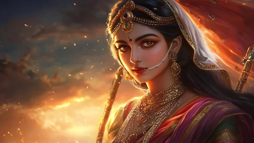 Regal warrior princess gazes through embers at sunset sky.