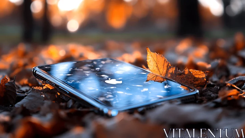 Smartphone on autumn leaves reflecting blue sky glow.