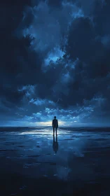 Solitary figure under stormlit midnight shoreline sky.