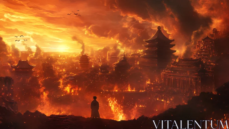 Solitary figure surveying burning ancient cityscape.