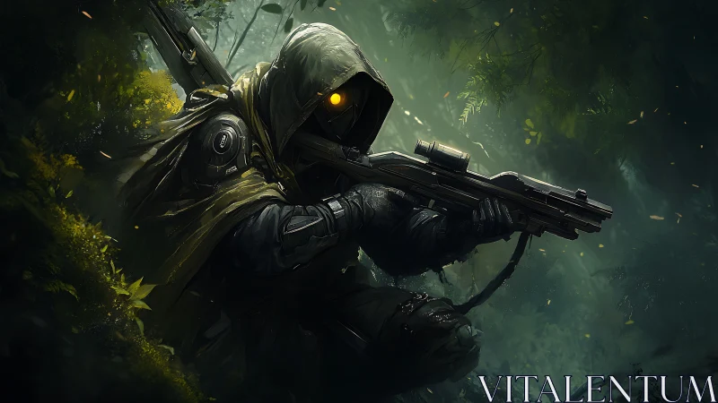 Camouflaged cybernetic sniper with energy rifle in dense forest