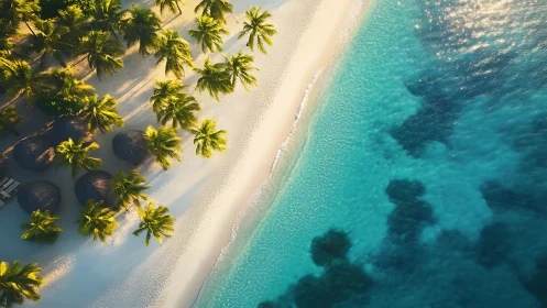 Tropical Atoll Aerial Composition: Palmate Vegetation and Shallow Turquoise Waters.