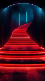 Curved neon stairway with red LED treads in dark tunnel