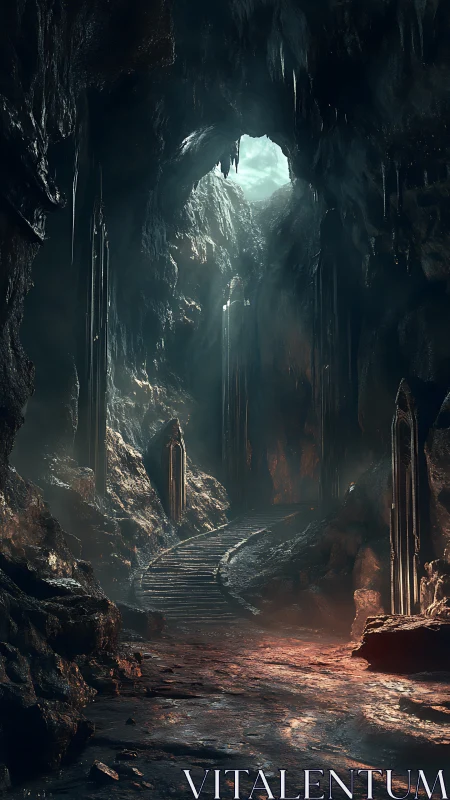 Stairway to the hollowed sky within an ancient cavern.