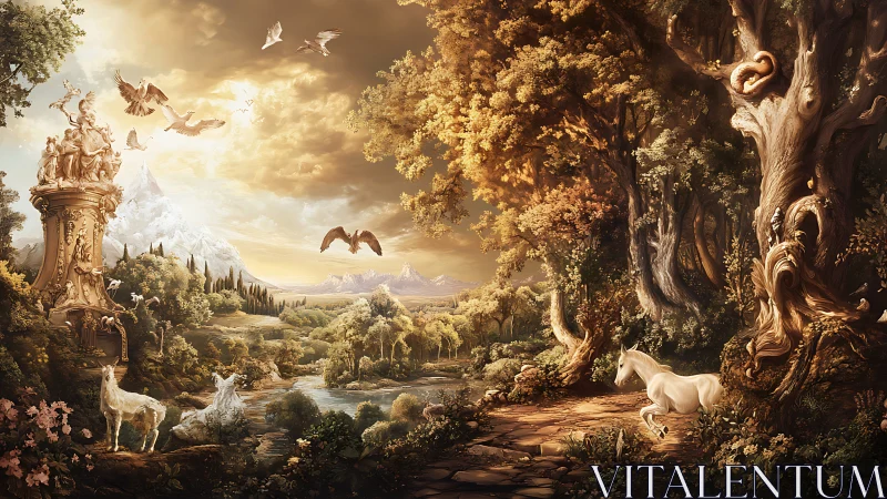 Mythic valley with unicorns, baroque statue and golden sky.