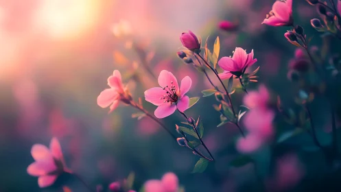 Pink Blossoms with Selective Focus and Golden Hour Atmospheric Lighting