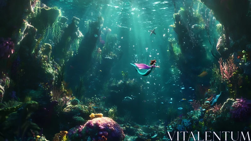 Mermaid glides through sunlit coral canyon in teal depths.
