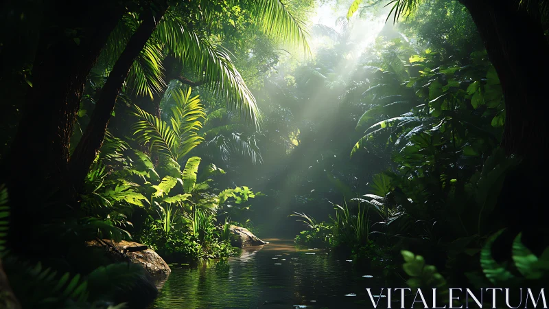 Jungle Waterway: Luminous Canopy Sanctuary with Reflected Tropical Vegetation