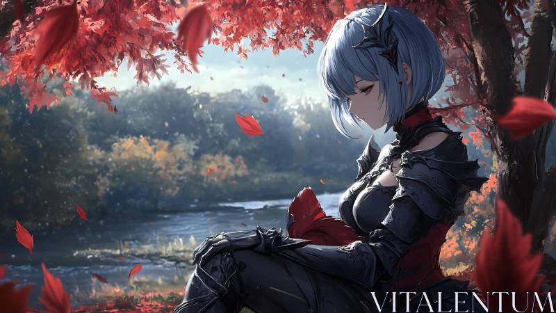 Quiet autumn knight resting beneath crimson leaves.