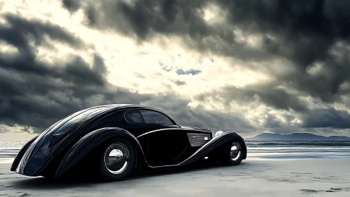 Sleek vintage coupe broods on a windswept, stormy shoreline