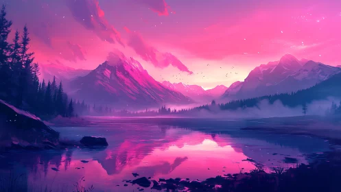Neon dusk over crystalline mountains and mirrored lake dreams.