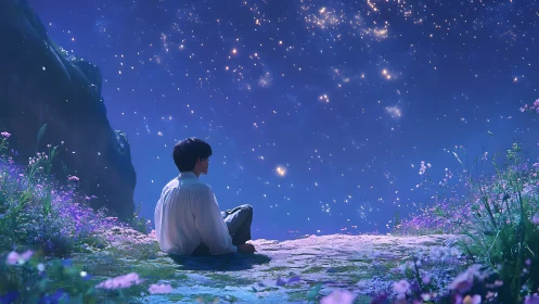 Quiet stargazing moment on a flower-lined cliff at night.