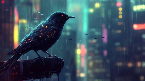 Cybernetic crow perched over neon-soaked rainy skyline.