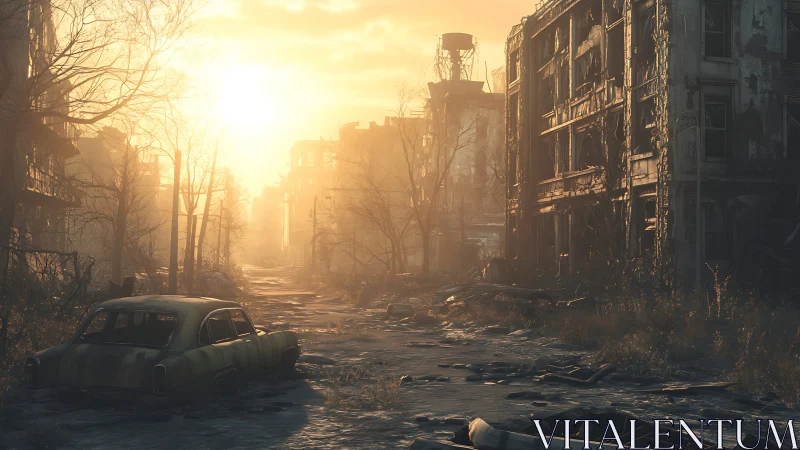 Deserted urban street at sunrise with decayed buildings.