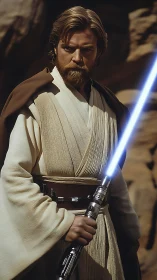 Calm robed warrior holding a glowing blue energy blade.